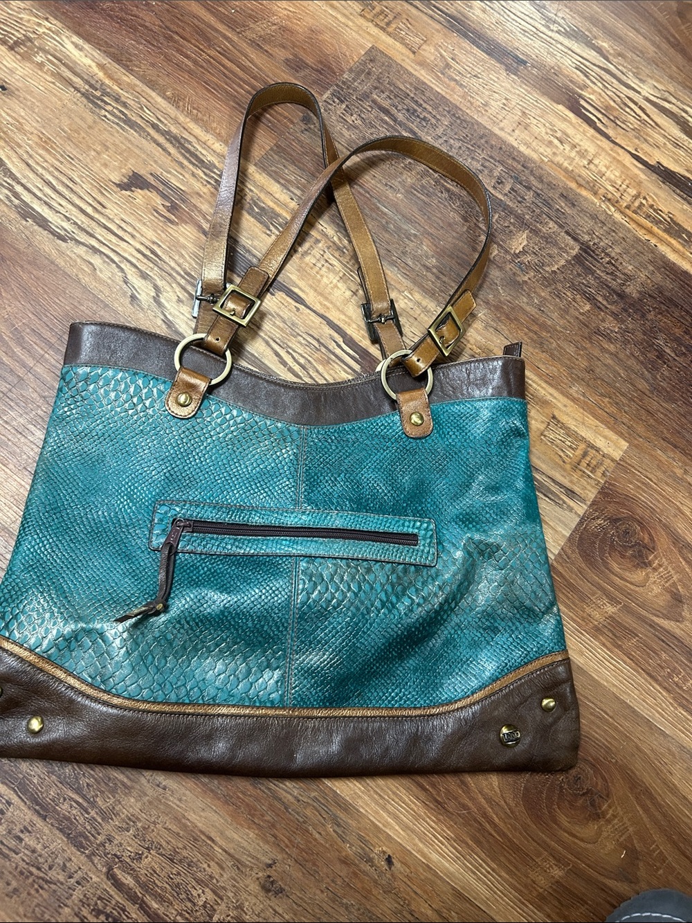 LAND brand Teal and Brown Leather Tote with Exterior Zip Pocket